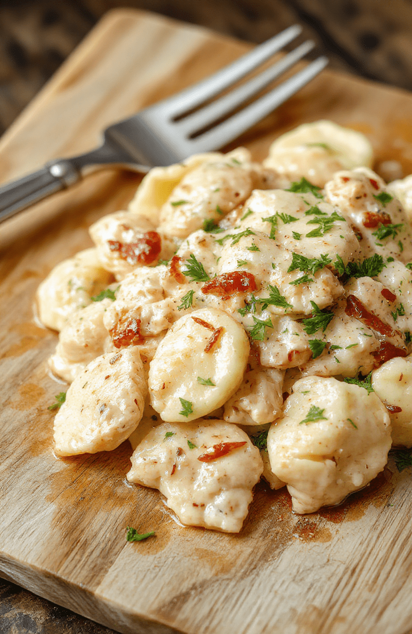 A steaming bowl of creamy chicken tortellini with golden-brown tortellini pods filled with tender chicken and mozzarella, swirled in a richParmesan-garlic cream sauce, garnished with fresh parsley and a sprinkle of red pepper flakes, served on a rustic wooden board with a side of garlicky greens.