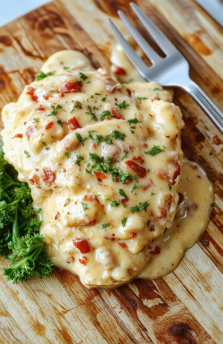 A rustic ceramic plate centered with shredded roasted chicken smothered in rich, golden-white creamy gravy, garnished with fresh parsley. Small roasted baby carrots and green beans sit beside the chicken. Soft natural light from a window casts gentle shadows, and a wooden spoon rests against the rim of a small ramekin of extra gravy. The scene feels cozy, homestyle, and comforting.
