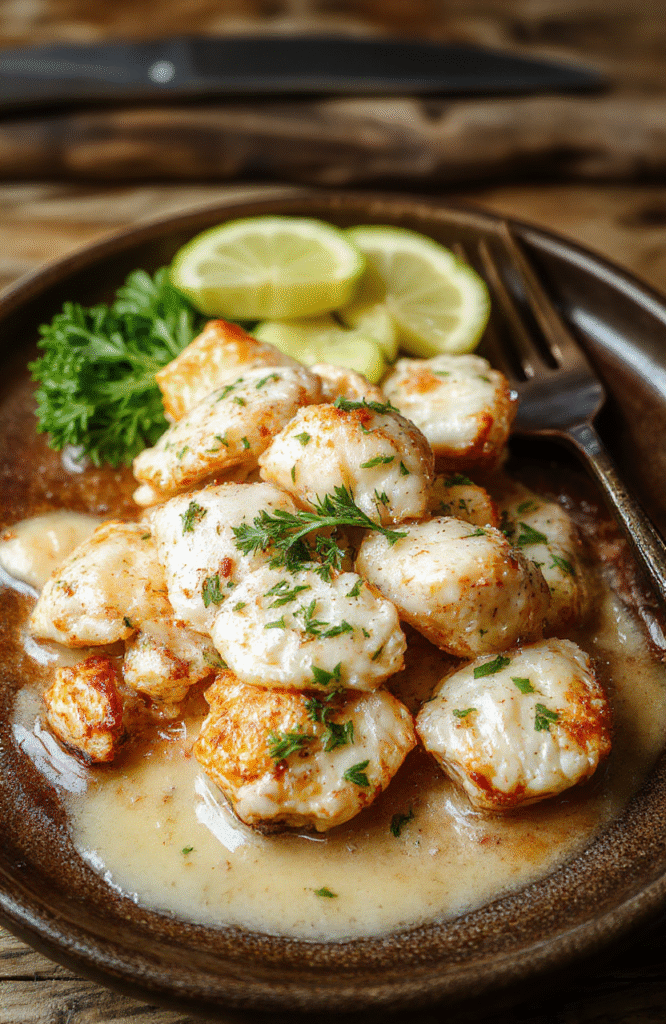 Golden-brown seared chicken thighs nestled in a creamy coconut curry sauce with vibrant red bell pepper slices and green onions, garnished with toasted coconut flakes and fresh cilantro, served in a rustic ceramic bowl against a wooden table