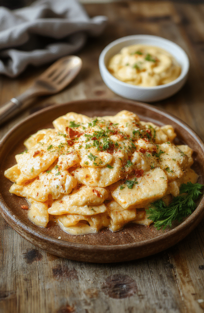 Plated creamy cowboy butter chicken pasta in a white ceramic bowl, garnished with fresh parsley and cracked black pepper. Tender chicken pieces coated in golden garlic butter sauce, mixed with al dente penne, flecks of Parmesan, and a drizzle of olive oil. Background features rustic oak tabletop with soft natural light.