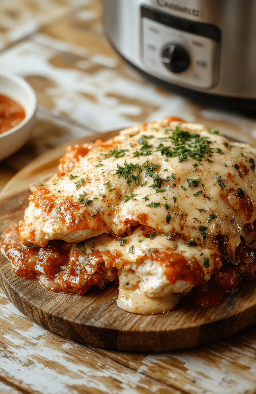 Golden-brown baked chicken breasts topped with melted mozzarella and parmesan cheese, served over al dente pasta in a rustic ceramic bowl, garnished with fresh basil and a drizzle of olive oil, on a light oak wooden table with soft natural lighting and shallow depth of field.