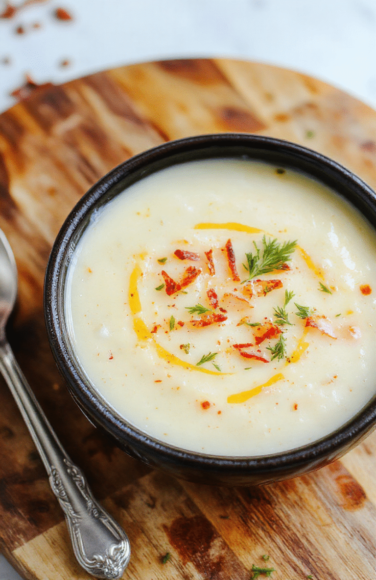A rustic ceramic bowl filled with thick, creamy white potato soup, swirled with a spoon, topped with chopped chives, tiny flecks of bacon, and a drizzle of sour cream. Steam rises gently. Background is soft-focus wooden table in warm tones.