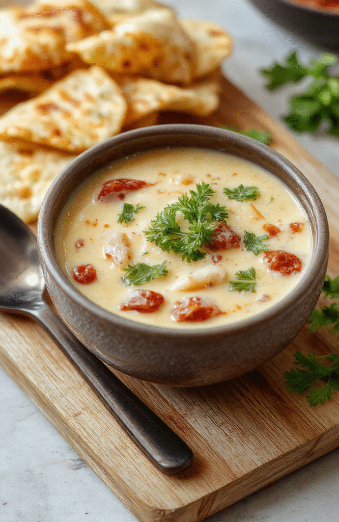 A steaming bowl of creamy enchilada soup topped with fresh cilantro, shredded chicken, diced tomatoes, sliced avocado, and a generous sprinkle of shredded cheddar cheese, served in a rustic ceramic bowl on a wooden table with soft natural light.