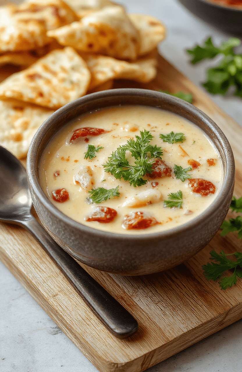 A steaming bowl of creamy enchilada soup topped with fresh cilantro, shredded chicken, diced tomatoes, sliced avocado, and a generous sprinkle of shredded cheddar cheese, served in a rustic ceramic bowl on a wooden table with soft natural light.