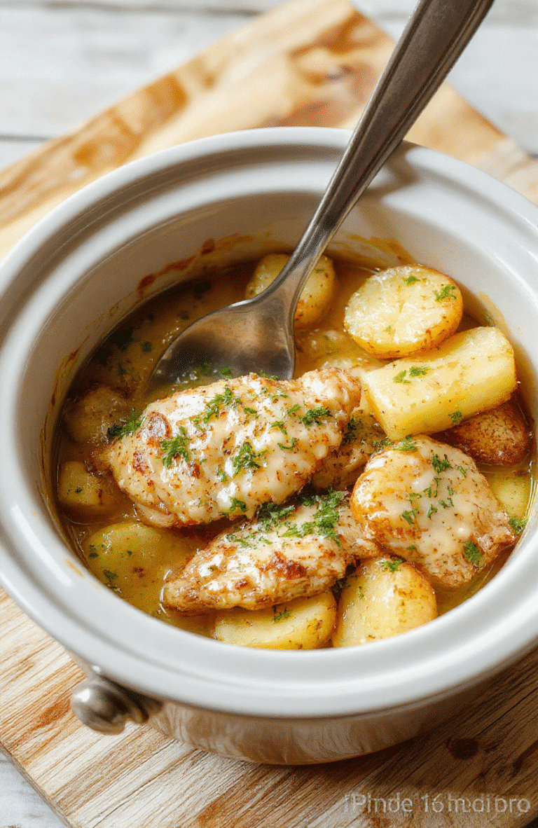 A rustic ceramic crockpot filled with golden-brown cubed potatoes, tender chicken pieces coated in thick creamy garlic-parmesan sauce, garnished with fresh parsley and a sprinkle of shredded parmesan. Shot in natural daylight with soft shadows and shallow depth of field.