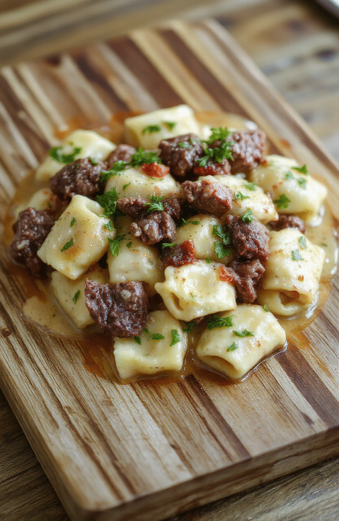 A steaming bowl of creamy garlic steak tortellini with tender steak bite-sized pieces, cheese-filled tortellini, and a rich golden-white garlic-cream sauce, garnished with fresh parsley and black pepper, on a rustic wooden board, natural daylight, shallow depth of field.