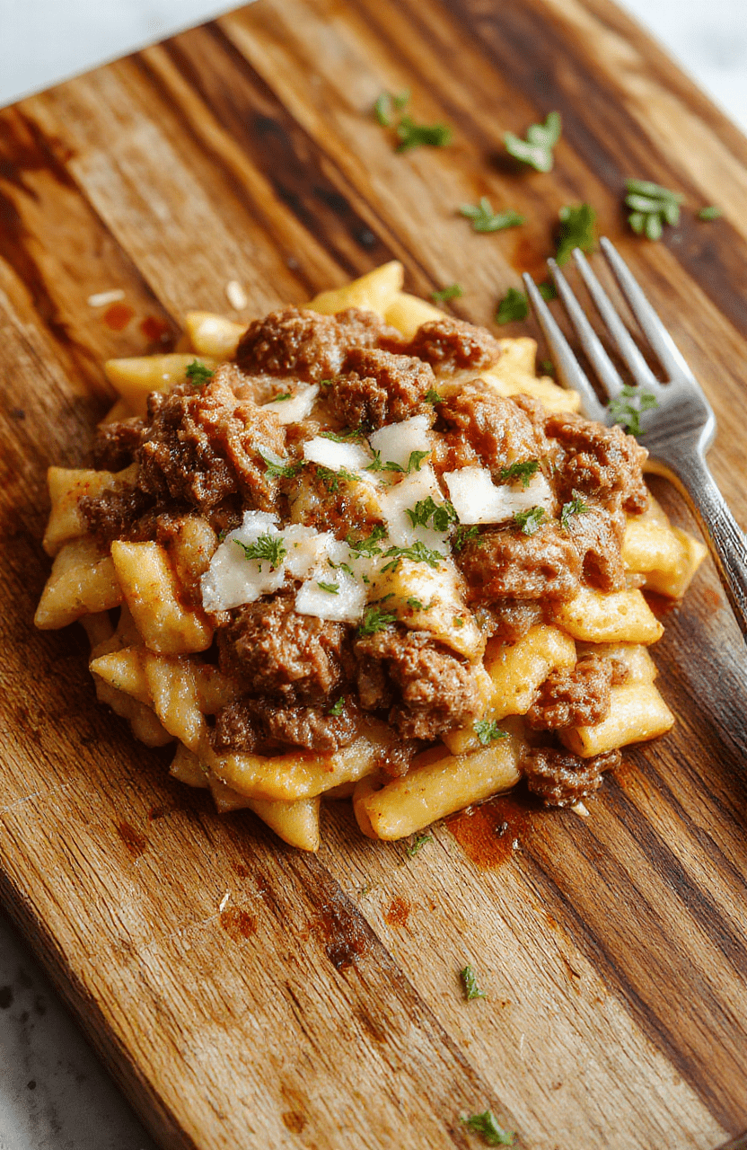 A steaming, creamy ground beef orzo dish in a white ceramic bowl, generously topped with fresh parsley and grated Parmesan, glistening with olive oil. The orzo is tender and slightly al dente, coated in a rich, golden cheese-cream sauce with tender bits of browned beef scattered throughout.