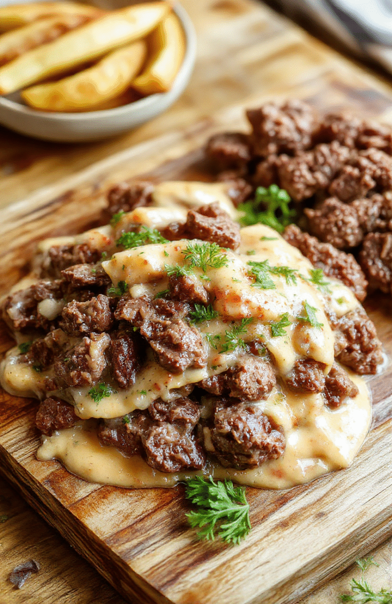 A steaming bowl of creamy ground beef stroganoff with tender beef bits in a rich mushroom-gravy sauce, served over fluffy white rice, garnished with fresh parsley and a sprinkle of black pepper, on a rustic wooden slab with soft natural lighting and shallow depth of field