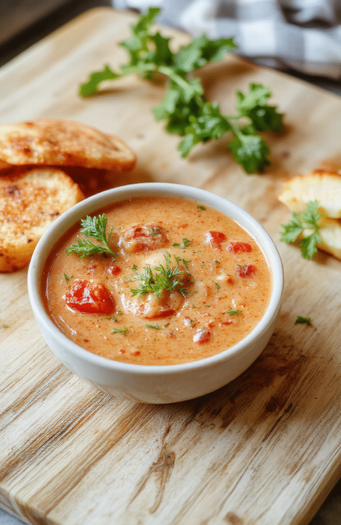A rustic ceramic bowl filled with vibrant orange homemade tomato soup, garnished with a swirl of heavy cream, fresh basil leaves, and a sprinkle of grated parmesan, served beside a grilled cheese sandwich with golden-brown crust, on a light woods table in natural daylight.