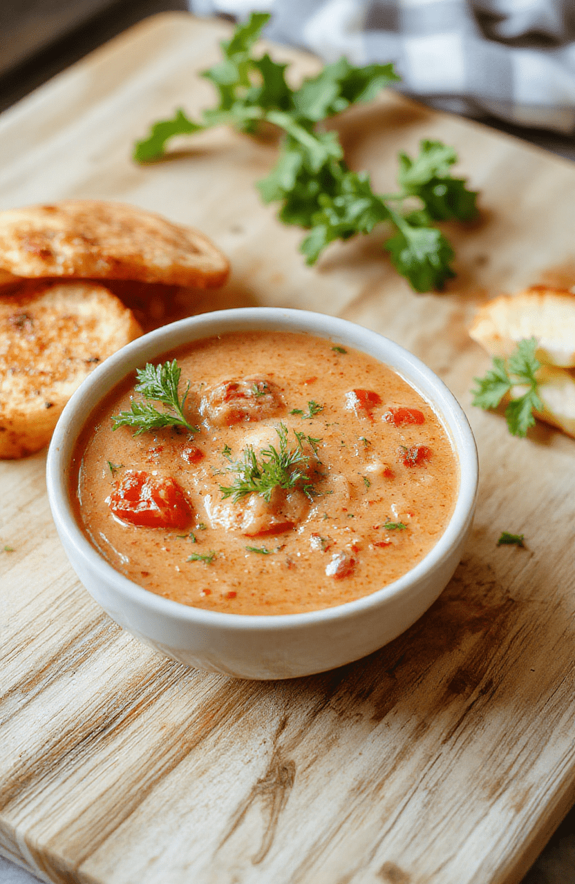 A rustic ceramic bowl filled with vibrant orange homemade tomato soup, garnished with a swirl of heavy cream, fresh basil leaves, and a sprinkle of grated parmesan, served beside a grilled cheese sandwich with golden-brown crust, on a light woods table in natural daylight.
