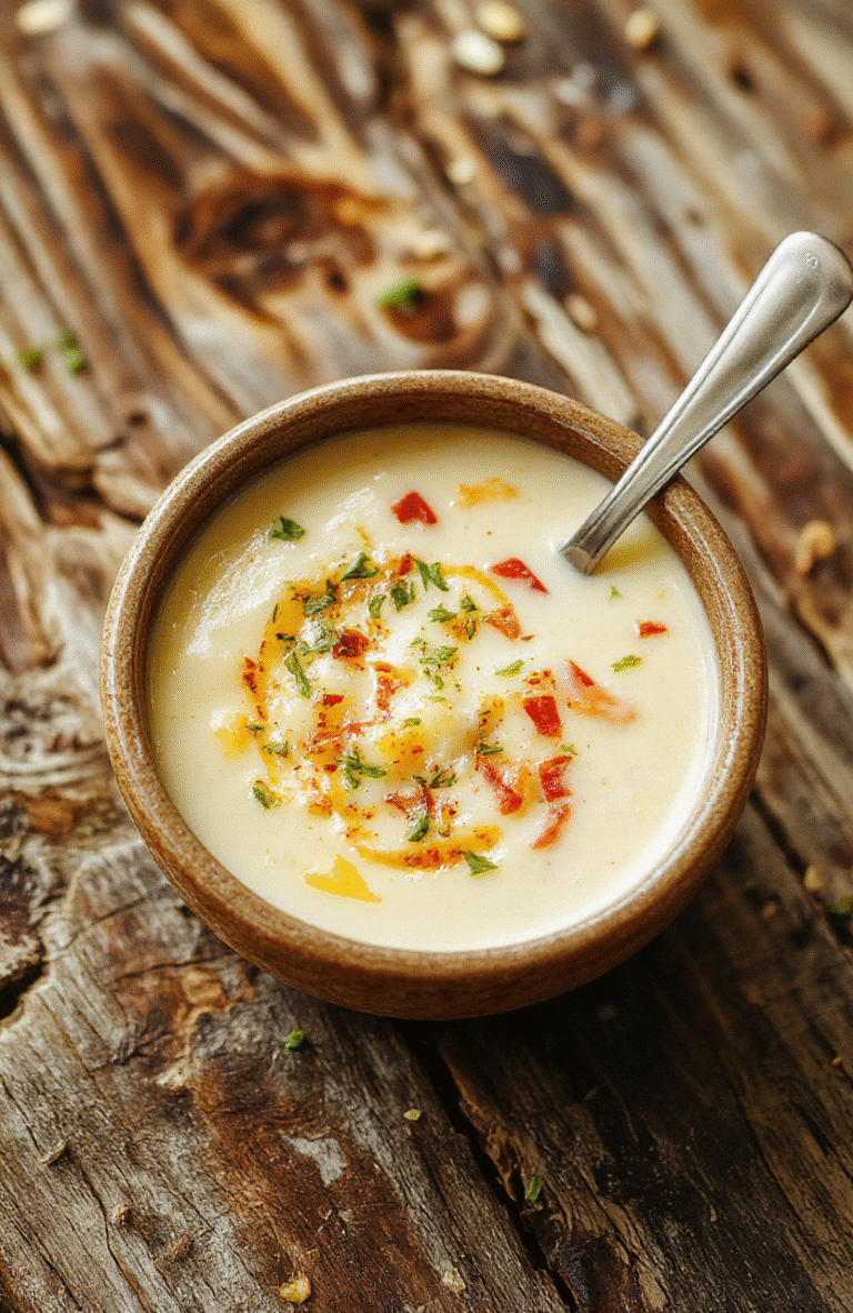A rustic bowl of creamyLoaded Potato Soup with visible chunks of potatoes, crispy bacon bits, shredded cheddar cheese, green onion slices, and a dollop of sour cream on top, served in a deep white ceramic bowl against a wooden table with soft natural lighting and steam rising.
