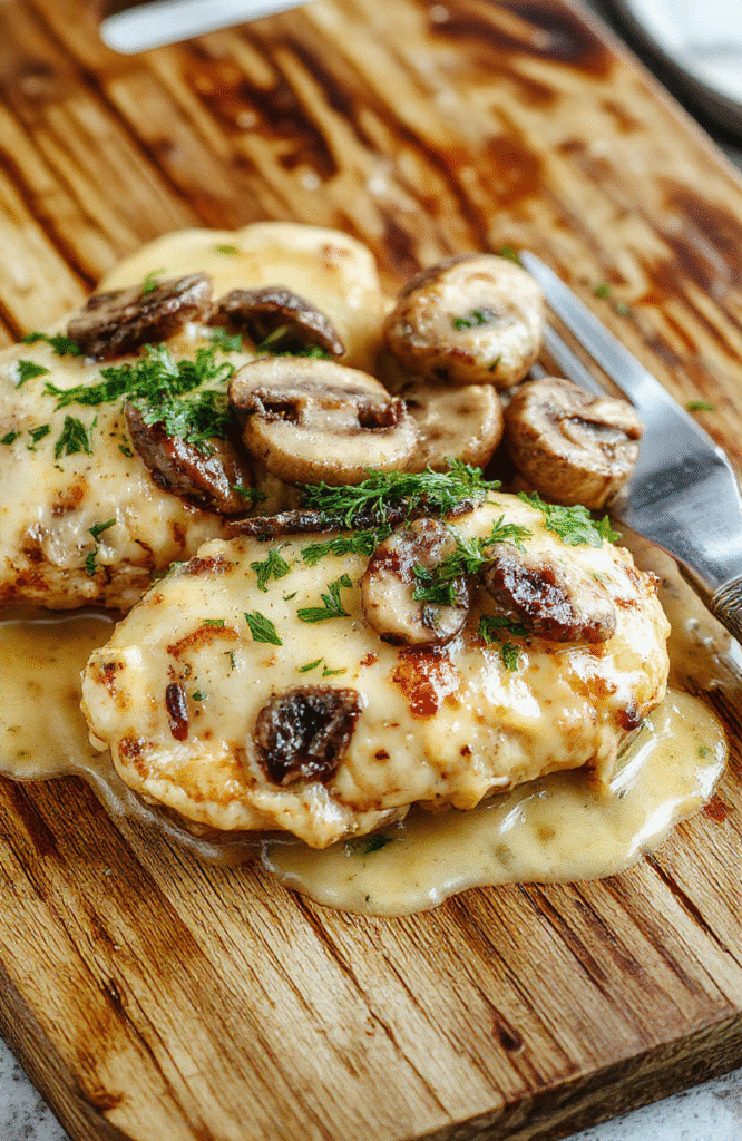 Golden-brown seared chicken breasts resting atop a bed of wilted spinach and sliced mushrooms in a rich, creamy garlic-white wine sauce, garnished with fresh parsley and a sprinkle of Parmesan, served in a white ceramic bowl with rustic wooden cutting board in the background.