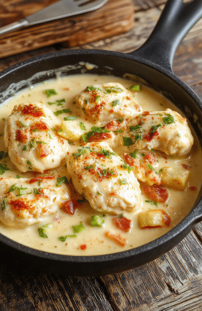 Golden-brown chicken breasts nestled in a creamy, pale-yellow sauce with vibrant green pepperoncini slices and flecks of parsley, served in a cast-iron skillet alongside garlic-roasted broccoli florets and a sprinkle of red pepper flakes on a wooden table.