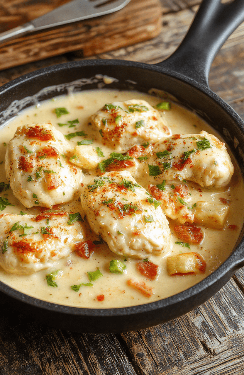 Golden-brown chicken breasts nestled in a creamy, pale-yellow sauce with vibrant green pepperoncini slices and flecks of parsley, served in a cast-iron skillet alongside garlic-roasted broccoli florets and a sprinkle of red pepper flakes on a wooden table.