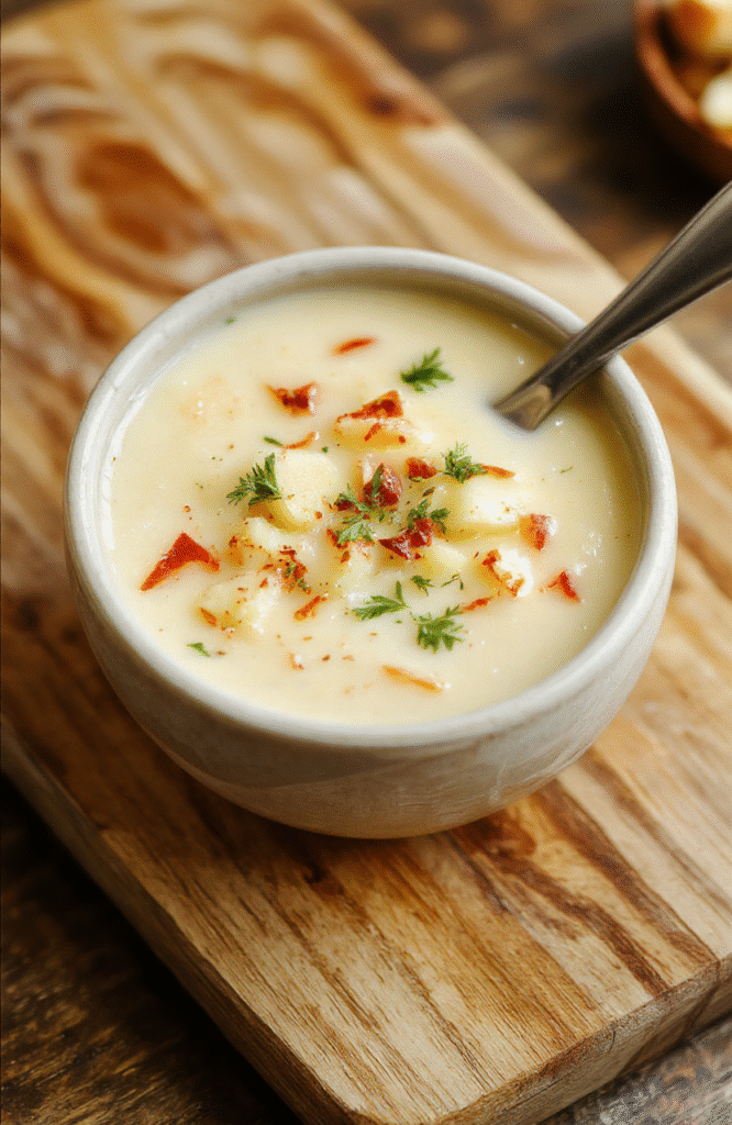 Rich creamy potato soup in a rustic white bowl, garnished with crispy bacon bits, fresh chives, and a drizzle of olive oil, served next to a slice of golden sourdough bread on a light wooden cutting board, soft natural daylight, shallow depth of field.