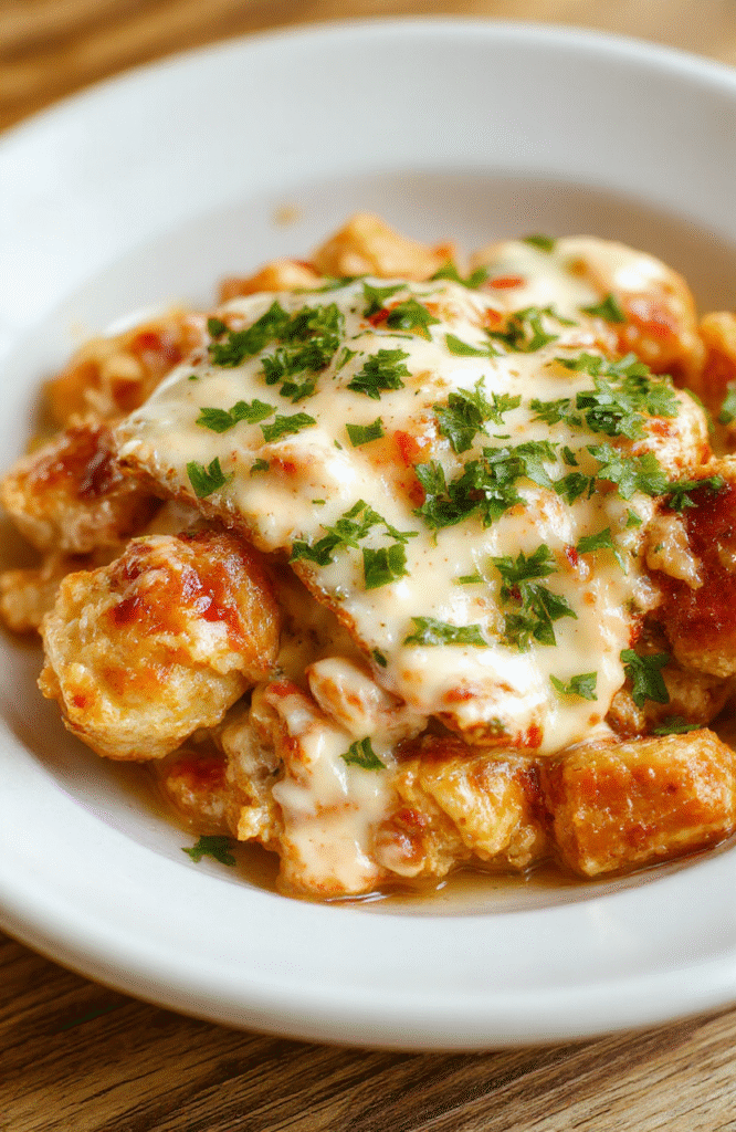 Golden-brown baked chicken breasts topped with a rich, creamy white Ranch sauce, sprinkled with fresh parsley and cracked black pepper, served on a rustic white ceramic plate beside steamed broccoli and roasted baby potatoes. Soft natural light highlights the glossy sauce and tender chicken texture.