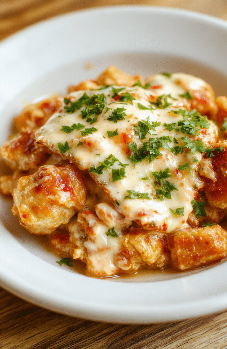 Golden-brown baked chicken breasts topped with a rich, creamy white Ranch sauce, sprinkled with fresh parsley and cracked black pepper, served on a rustic white ceramic plate beside steamed broccoli and roasted baby potatoes. Soft natural light highlights the glossy sauce and tender chicken texture.
