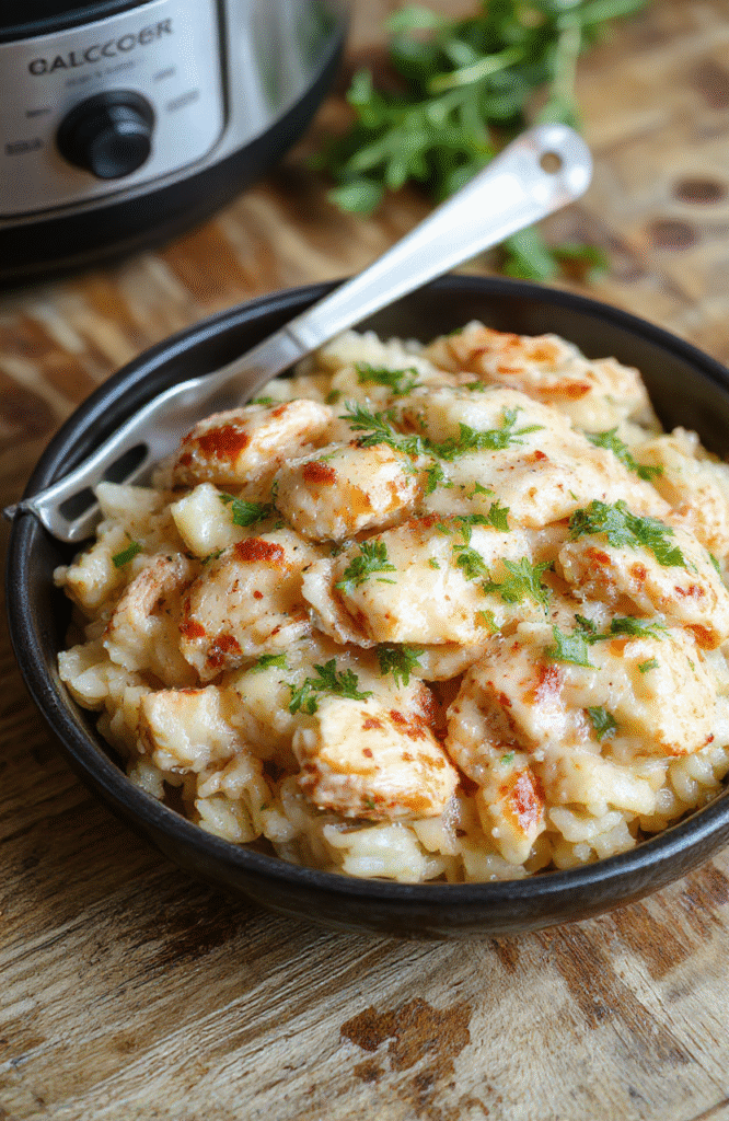 A rustic ceramic dish filled with tender, flaky chicken breast, fluffy white rice, and golden sautéed onions, gently simmered in a creamy lavender-green sauce with parsley garnish and a hint of garlic slices, plated on a light walnut wooden table with soft natural shadows and a single lemon wedge on the side.