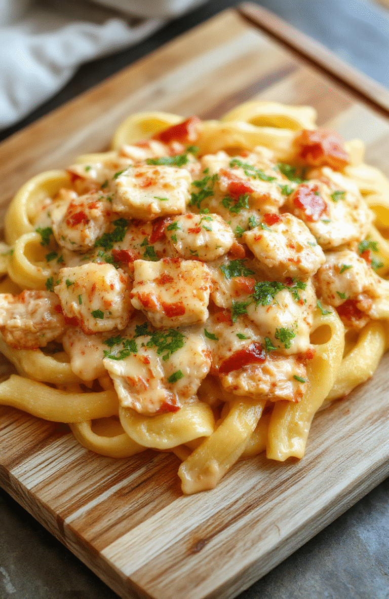 A vibrant bowl of penne pasta tosses in a creamy white sauce with vivid red bell peppers, green onions, black beans, and grilled chicken strips. Sprinkled with fresh cilantro and a few roasted red pepper slices, it's served in a rustic ceramic bowl against a soft blurred wooden table background.