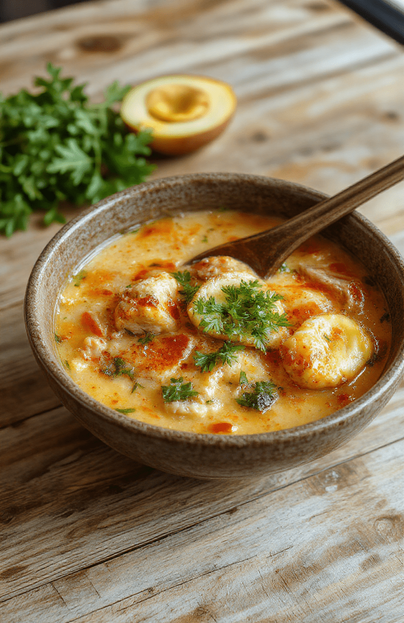 A steaming bowl of creamy spicy chicken ramen featuring rich golden broth with visible chili oil swirls, tender shredded chicken, soft-boiled egg halved to reveal runny yolk, vibrant green scallions, and a slice of jalapeño on top, served in a rustic ceramic bowl on a light wooden table under natural daylight.