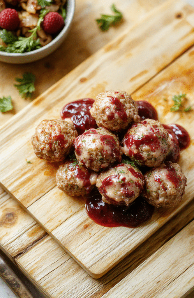 Golden-brown Swedish meatballs nestled in a creamy lingonberry sauce in a rustic ceramic bowl, garnished with fresh parsley and served over buttery egg noodles, with a sprinkle of cracked black pepper and a side of lingonberry jam on a wooden cutting board.
