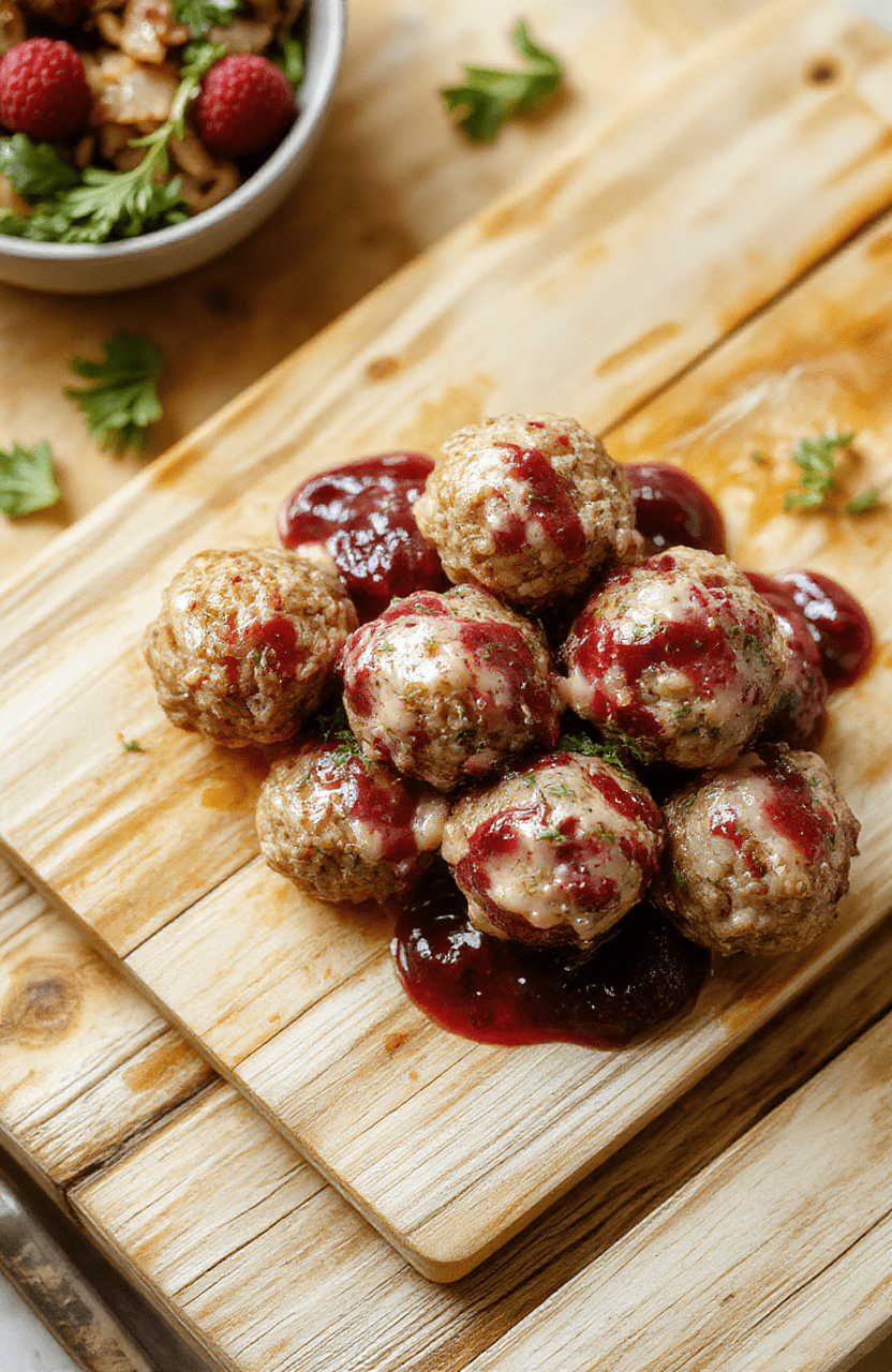 Golden-brown Swedish meatballs nestled in a creamy lingonberry sauce in a rustic ceramic bowl, garnished with fresh parsley and served over buttery egg noodles, with a sprinkle of cracked black pepper and a side of lingonberry jam on a wooden cutting board.