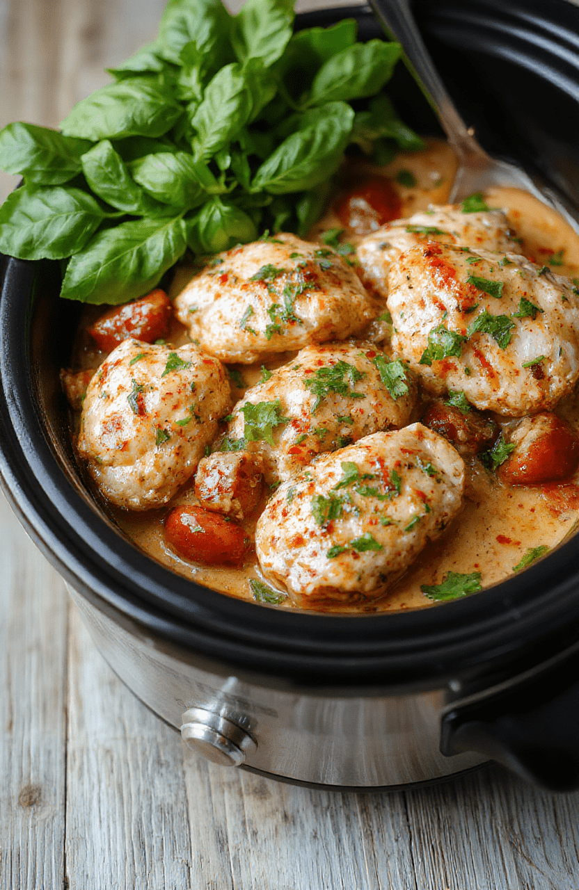 Golden-brown chicken breasts simmered in a rich, vibrant red tomato basil sauce with fresh green basil leaves scattered on top, served in a rustic ceramic bowl beside a swirl of creamy sauce and a sprinkle of grated parmesan, with soft steam rising
