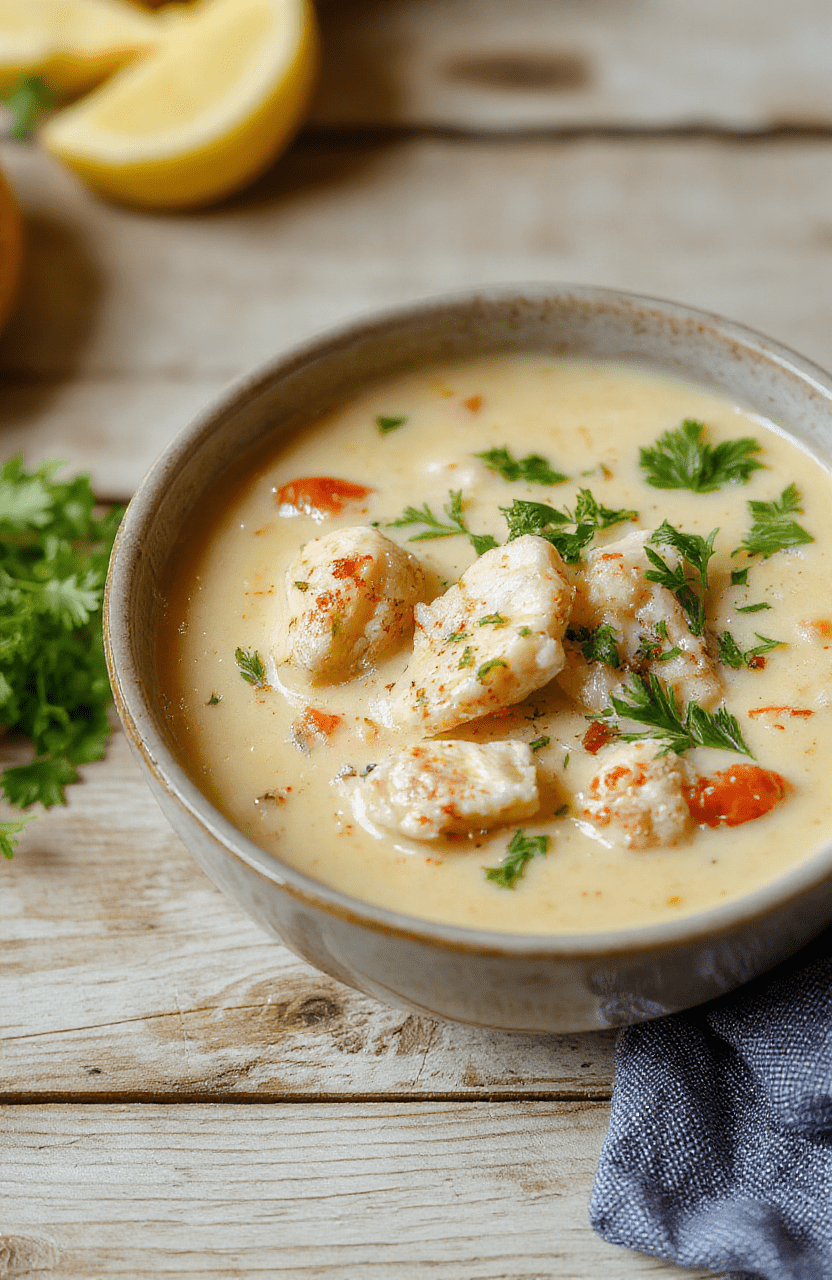 A steaming bowl of creamy Tuscan chicken soup with tender chicken breast, wilted spinach, sun-dried tomatoes, and small chunks of roasted garlic, garnished with fresh basil and a drizzle of olive oil on a rustic wooden table.