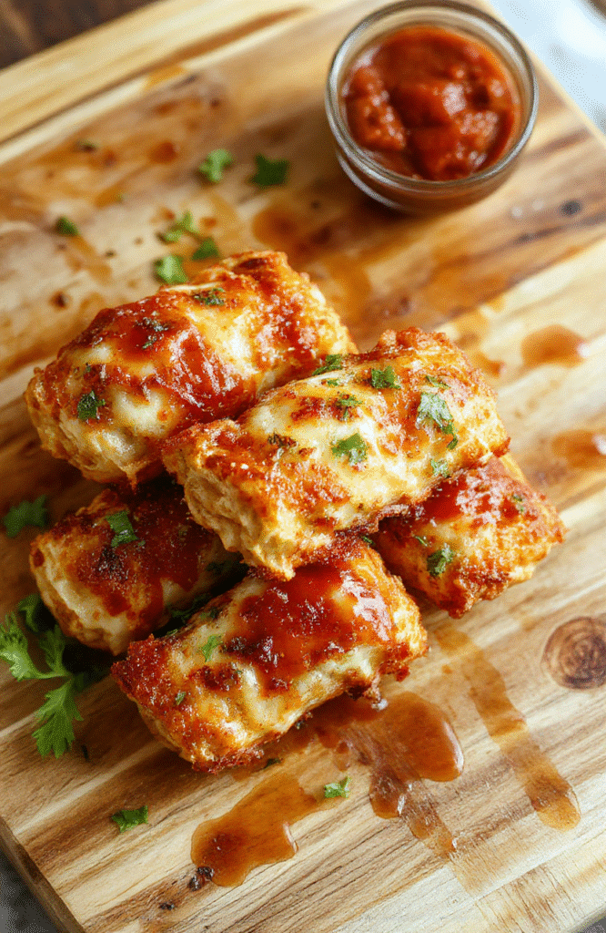 Golden-brown, slightly puffed pizza rolls on a parchment-lined air fryer basket, showing crisp, flaky crust edges; a few scattered mozzarella shreds and pepperoni slices nearby; soft natural light highlights the texture and sheen of the cheese.