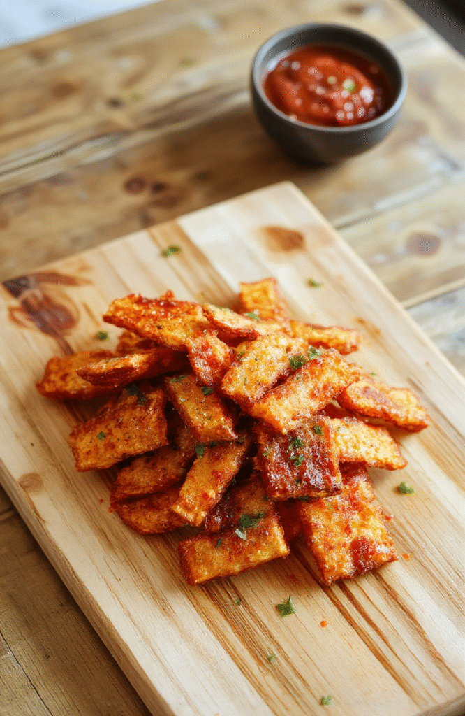 Golden-brown, perfectly crispy baked sweet potato fries in a rustic ceramic bowl, sprinkle of flaky sea salt and fresh parsley, served on a light wooden cutting board with a small dish of spicy aioli on the side, natural daylight, shallow depth of field, vibrant orange and caramelized edges visible