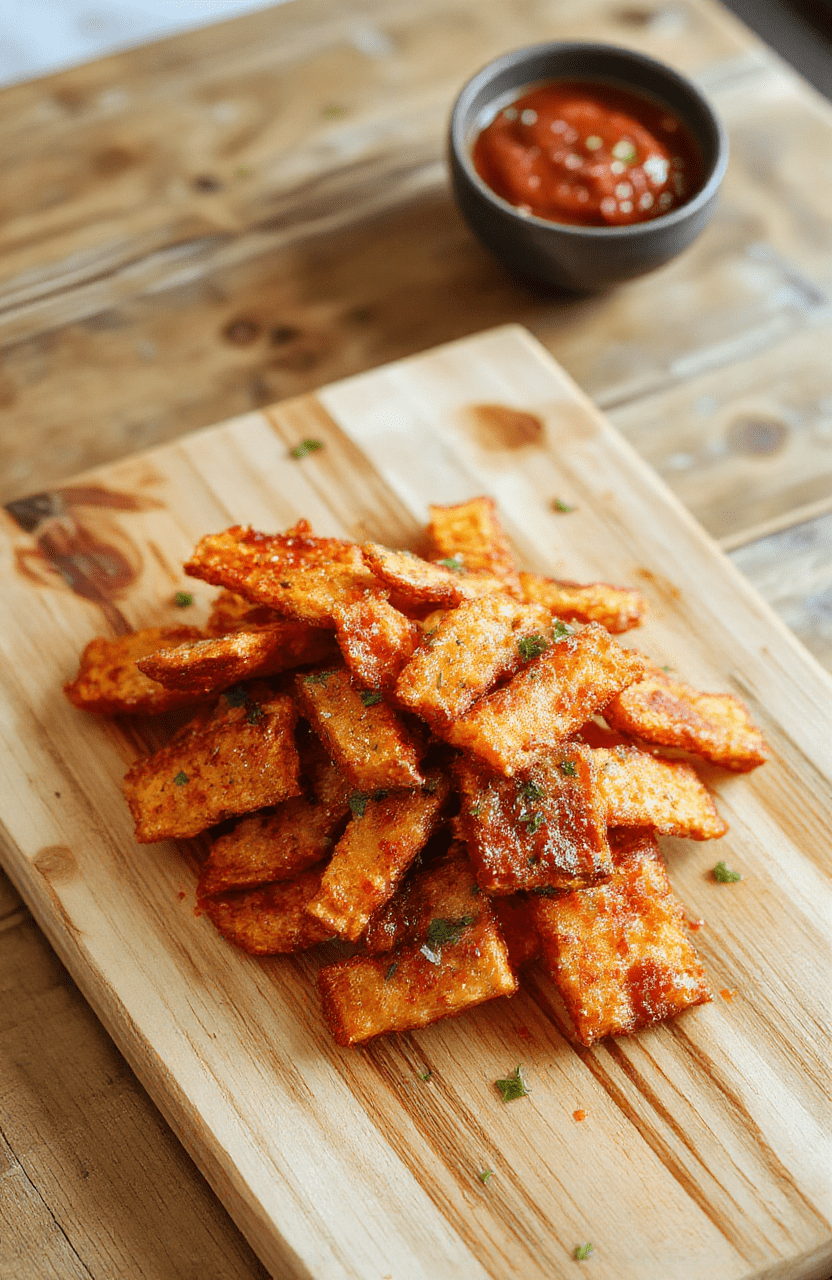 Golden-brown, perfectly crispy baked sweet potato fries in a rustic ceramic bowl, sprinkle of flaky sea salt and fresh parsley, served on a light wooden cutting board with a small dish of spicy aioli on the side, natural daylight, shallow depth of field, vibrant orange and caramelized edges visible