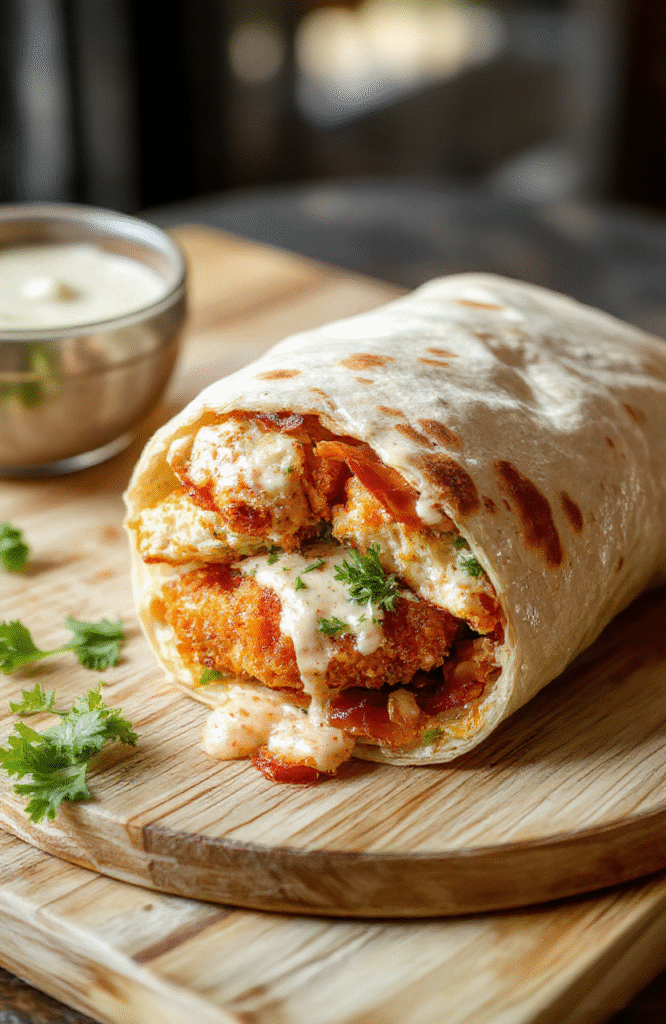 A golden-brown, crispy chicken bacon ranch wrap cut diagonally in half, revealing layers of juicy grilled chicken strips, crispy bacon, shredded lettuce, and creamy ranch dressing inside a soft flour tortilla. Plated on a rustic wooden board with a side of rainbow cherry tomatoes and a drizzle of ranch on the plate.