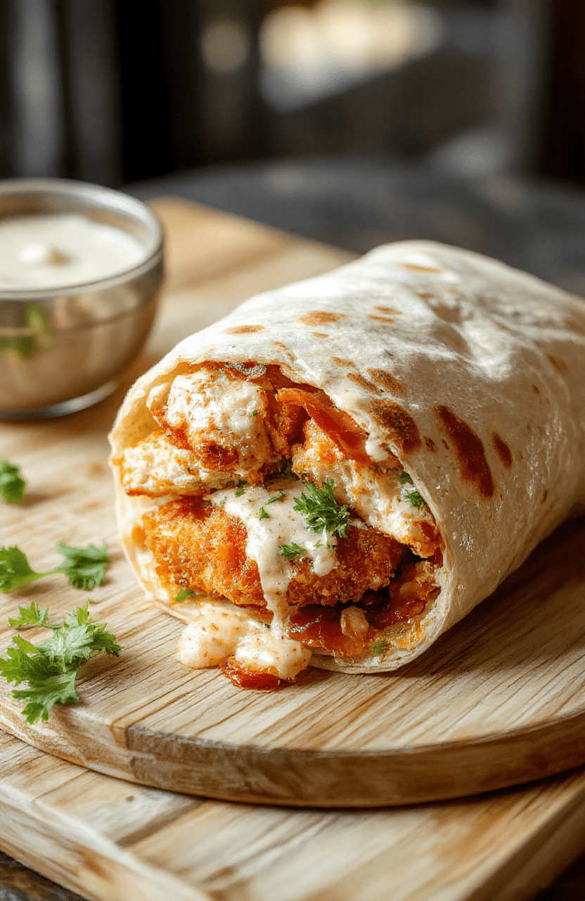 A golden-brown, crispy chicken bacon ranch wrap cut diagonally in half, revealing layers of juicy grilled chicken strips, crispy bacon, shredded lettuce, and creamy ranch dressing inside a soft flour tortilla. Plated on a rustic wooden board with a side of rainbow cherry tomatoes and a drizzle of ranch on the plate.