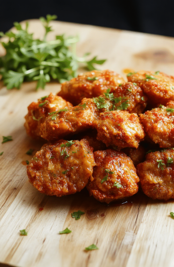 Golden-crispy orange chicken pieces glistening with glossy orange glaze, served in a white ceramic bowl surrounded by scatterings of sliced green onions, sesame seeds, and steamed white rice in the background. Vibrant orange-red sauce clings generously to the chicken, contrasted by fresh cilantro leaves and a few orange zest shavings. Natural light highlights the texture of the crispy breading and glossy sheen of the sauce.