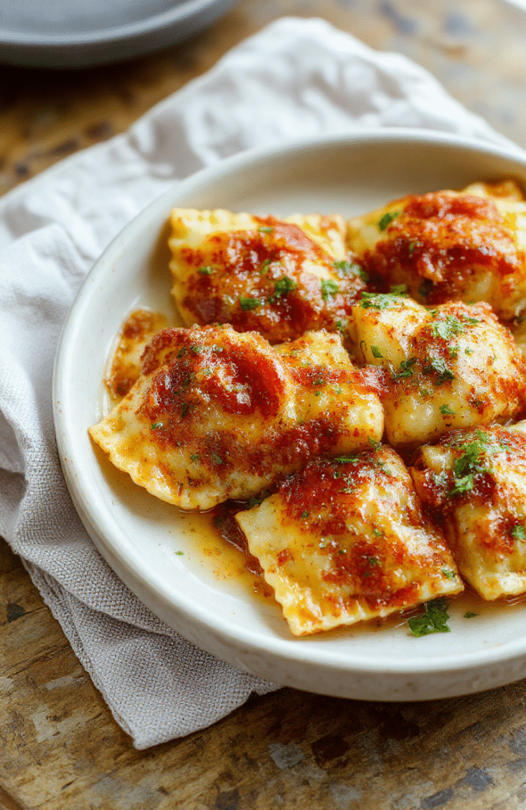 Golden-brown crispy oven-fried ravioli arranged neatly on a rustic white ceramic plate, drizzled with marinara sauce and sprinkled with fresh parsley, showing a golden crust and tender interior, against a soft beige linen background with subtle shadows.