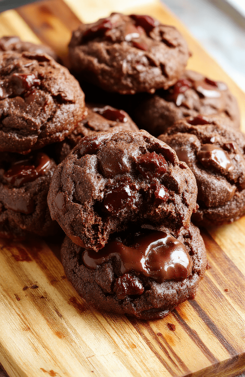 Close-up of two fudgy chocolate cherry cookies on a rustic wooden board; dark chocolate chunks, plump dried cherries, and a light dusting of powdered sugar visible on top. The cookies have soft cracked surfaces, melted chocolate edges, and a chewy center. Natural daylight illuminates rich brown and deep red tones with soft shadows.