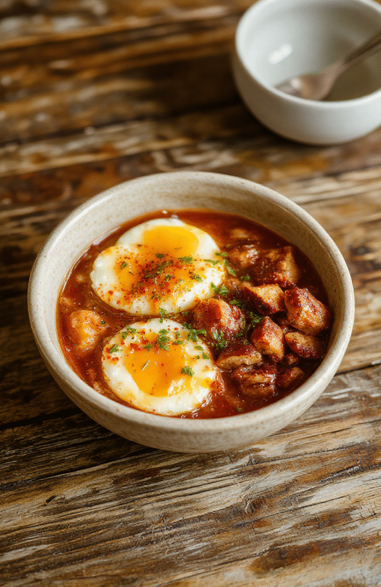 A vibrant keto breakfast bowl on a rustic wooden board: poached eggs with runny yolks, crispy bacon strips, avocado slices, sautéed spinach, cherry tomatoes, and crumbled feta, garnished with fresh parsley and a drizzle of olive oil.