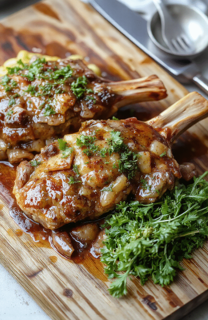 Golden-brown seared pork chops resting on a bed of caramelized onions and red bell peppers in a baking dish, drizzled with rich brown gravy, garnished with fresh parsley, served alongside creamy mashed potatoes in a rustic ceramic bowl on a wooden table.