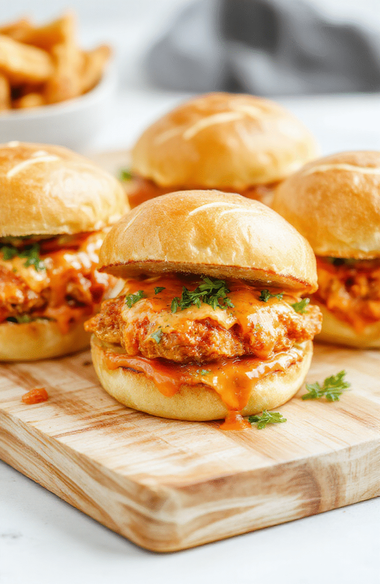 Three golden-brown slider buns filled with shredded cooked chicken tossed in bright red buffalo sauce, topped with crumbled blue cheese and thinly sliced celery, served on a rustic wooden board with a small blue ramekin of extra sauce on the side, soft natural sunlight, rustic setting, shallow depth of field, lower third of image empty for text overlay