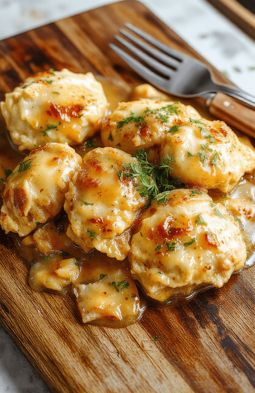 A rustic ceramic bowl filled with tender chicken pieces and fluffy buttermilk dumplings in a creamy golden broth, garnished with fresh parsley, served on a wooden board with soft natural lighting and shallow depth of field