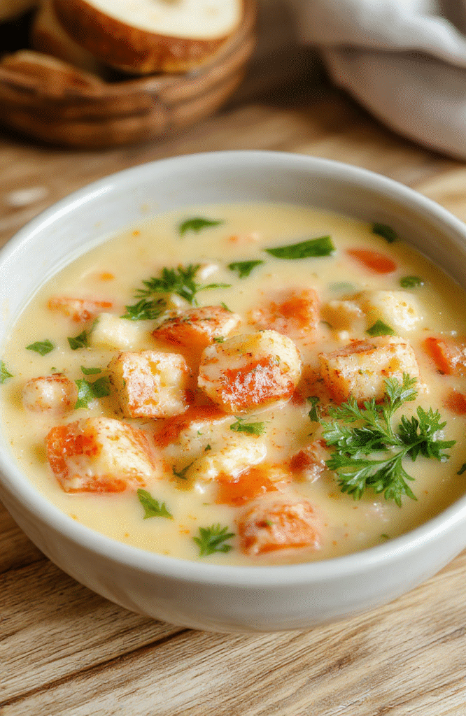 A rustic ceramic bowl filled with vibrant creamy vegetable soup, featuring soft diced carrots, peas, potatoes, and tender broccoli florets suspended in a smooth white cauliflower-base broth, garnished with fresh parsley and a drizzle of olive oil, served on a light oak wooden table with soft natural lighting.
