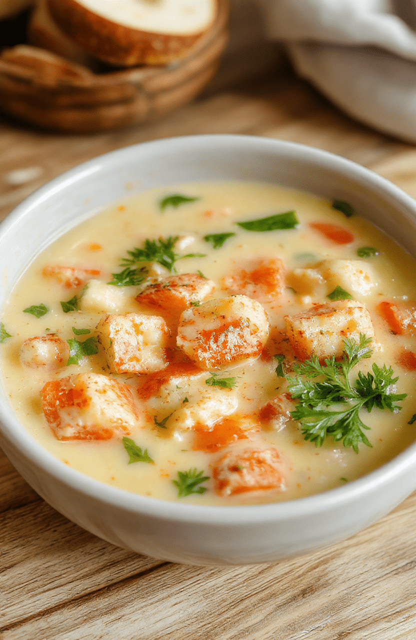 A rustic ceramic bowl filled with vibrant creamy vegetable soup, featuring soft diced carrots, peas, potatoes, and tender broccoli florets suspended in a smooth white cauliflower-base broth, garnished with fresh parsley and a drizzle of olive oil, served on a light oak wooden table with soft natural lighting.