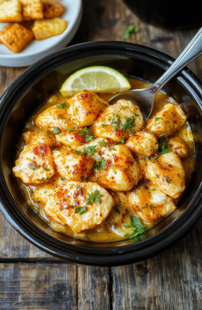 Golden-brown tandoori-style chicken pieces in creamy tomato-butter sauce with vibrant green cilantro leaves, served in a rustic ceramic bowl, garnished with sliced almonds and a lemon wedge, on a light oak wooden table with soft natural light