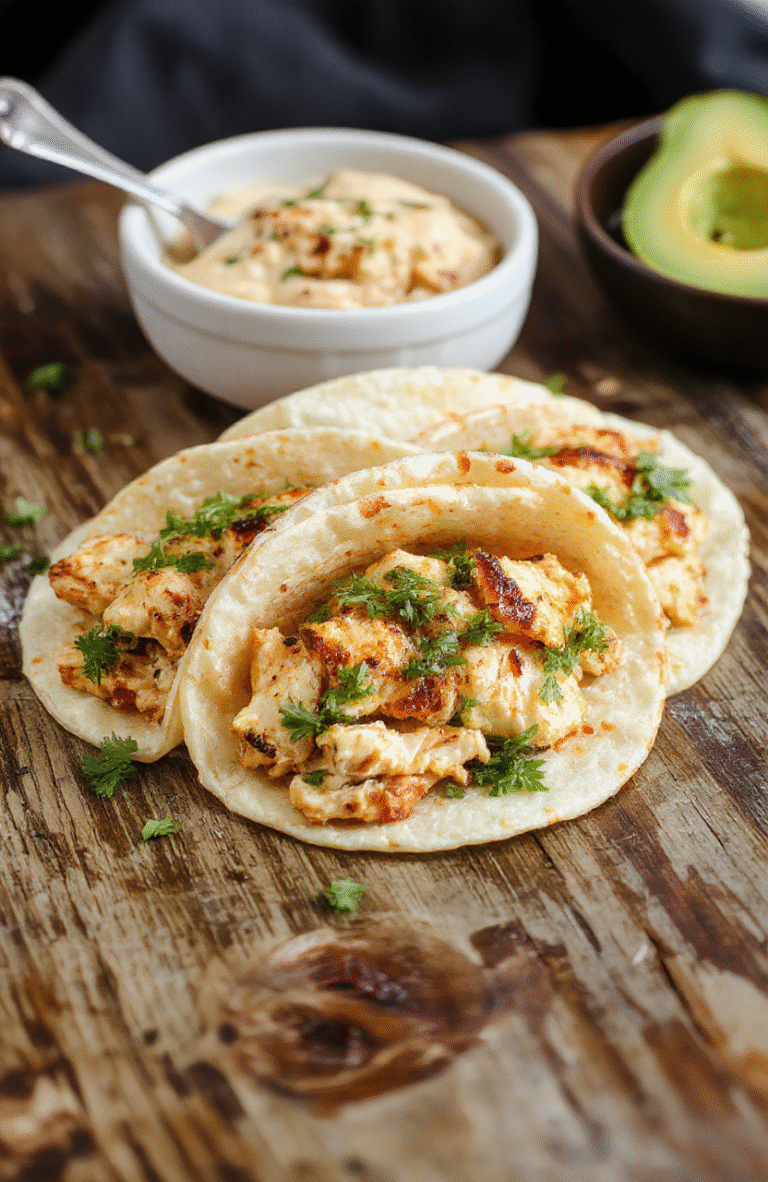 A vibrant bowl of shredded tender chicken tacos with lime wedges, fresh cilantro, diced red onion, avocado slices, and a sprinkle of cotija cheese, placed on a rustic wooden table under soft natural light.