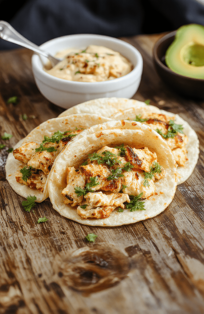 A vibrant bowl of shredded tender chicken tacos with lime wedges, fresh cilantro, diced red onion, avocado slices, and a sprinkle of cotija cheese, placed on a rustic wooden table under soft natural light.