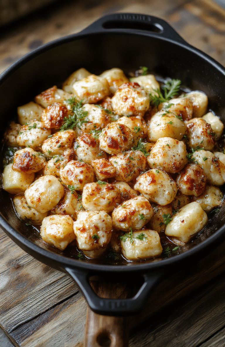A golden-brown, crispy-edged garlic chicken gnocchi skillet served in a cast iron pan, garnished with fresh parsley and grated parmesan, with chewy, tender gnocchi, golden chicken pieces, and sautéed garlic cloves visible.