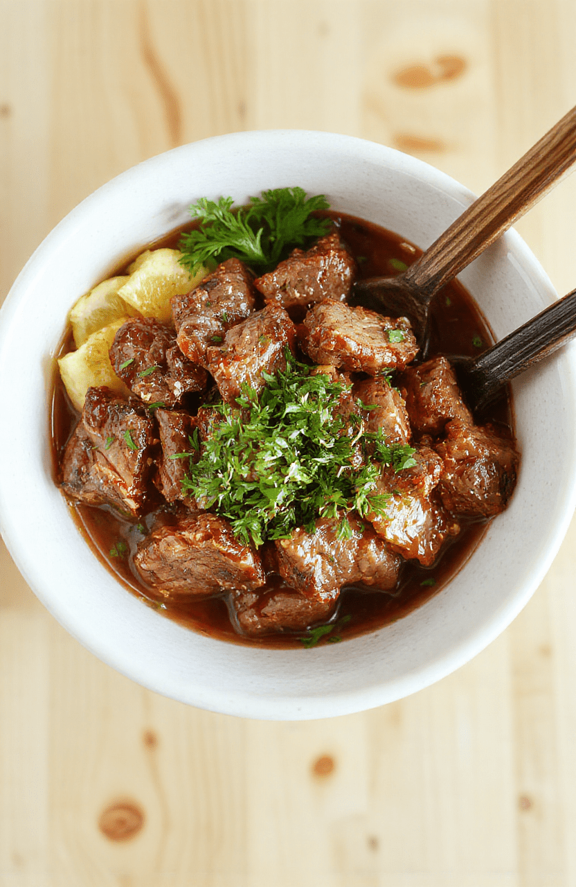 Steaming bowl of glossy Korean beef (bulgogi) over white rice, topped with sesame seeds, sliced green onions, and pickled radishes, served in a simple ceramic bowl on a light wood table with soft natural lighting
