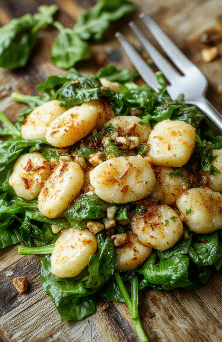 Golden-brown gnocchi puffs arranged in a sizzling cast-iron skillet, nestled with vibrant green spinach leaves, flecks of garlic, and a drizzle of olive oil; garnished with fresh parsley and parmesan shavings against a rustic wooden board background.