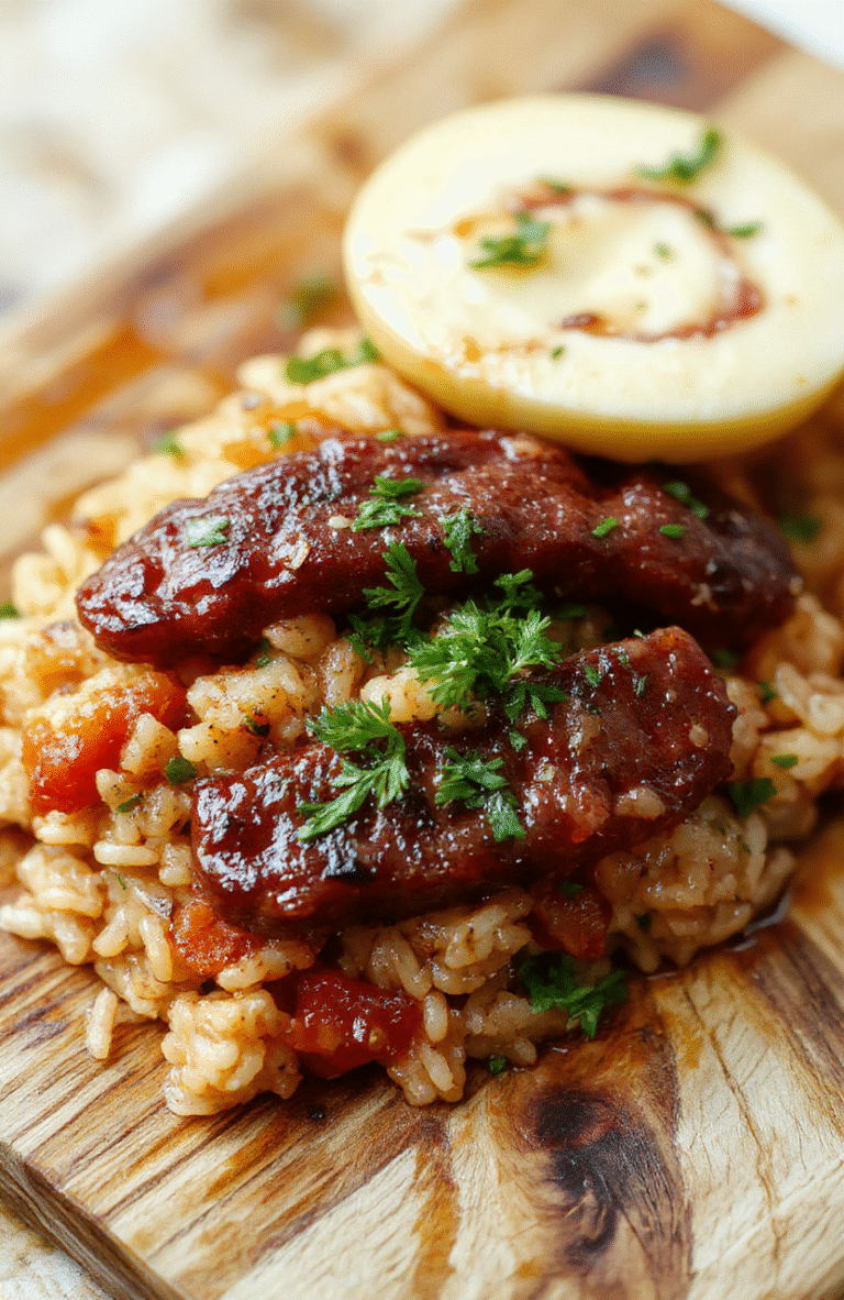 A rustic ceramic bowl holds a generous portion of golden-brown Italian sausage, tender rice with visible flecks of herbs, and caramelized onions; steam rises gently. The dish is garnished with fresh parsley and positioned on a light oak wooden table with soft, natural daylight casting gentle shadows. A cast-iron skillet sits nearby for context.