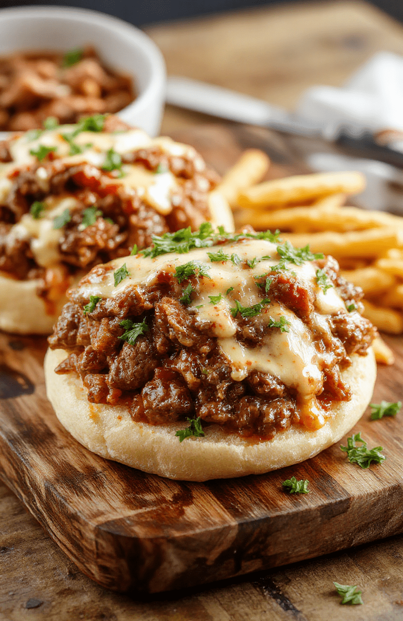 Juicy, savory Philly cheesesteak sloppy joes piled high on a toasted soft bun, topped with melted provolone cheese and caramelized onions, with visible green pepper and beef bits, served with crispy shoestring fries on the side.